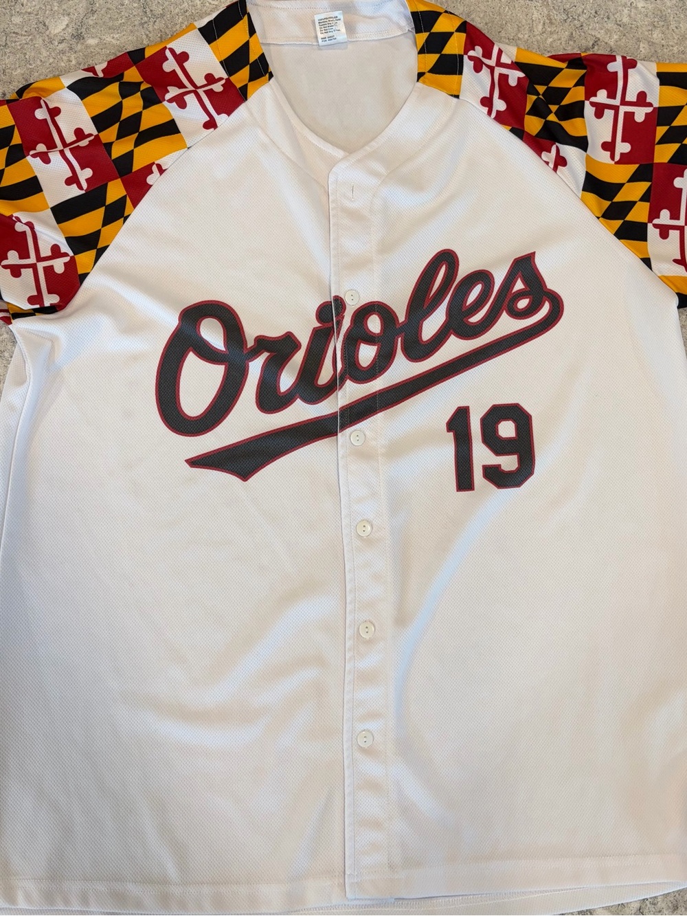 Baltimore Orioles 2019 SGA White Baseball Jersey with Maryland Flag Sleeves-XL
